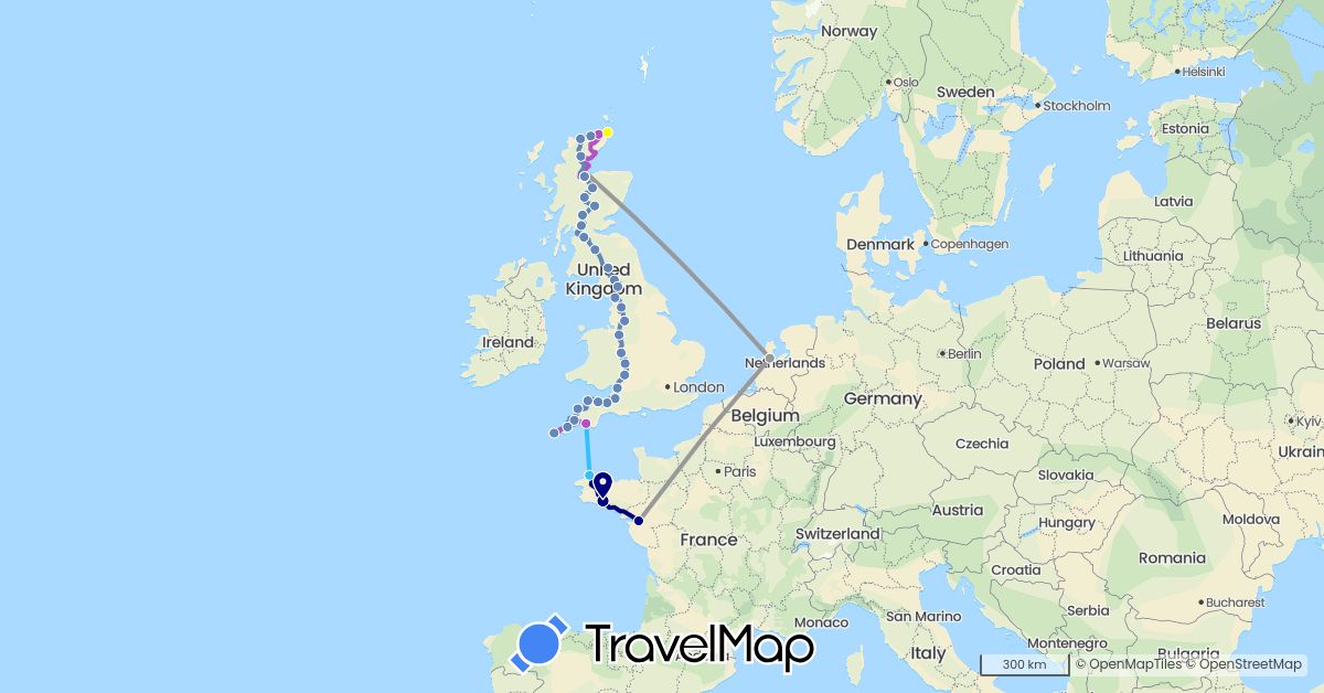 TravelMap itinerary: driving, plane, cycling, train, boat, taxi in France, United Kingdom, Netherlands (Europe)